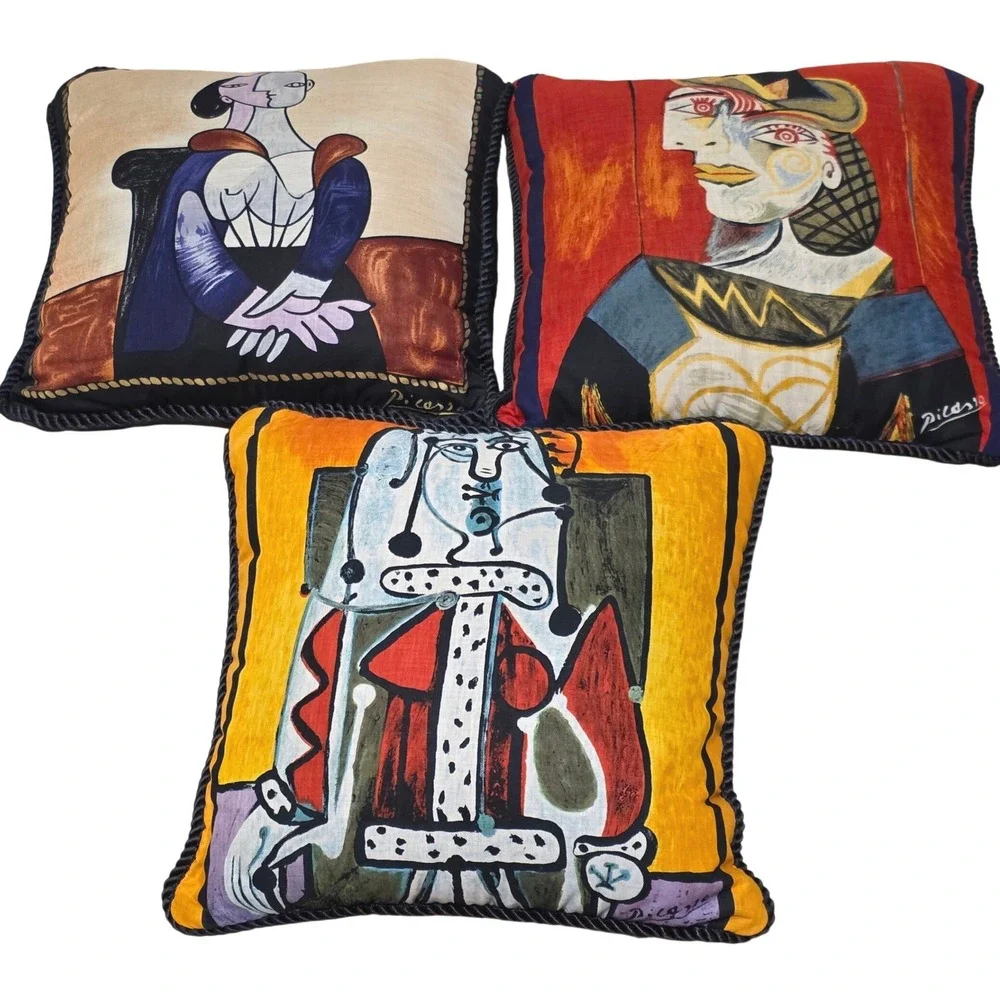Picasso Art Cubist Portrait Silk Style Accent Pillows Modern Home Decor Set of 3